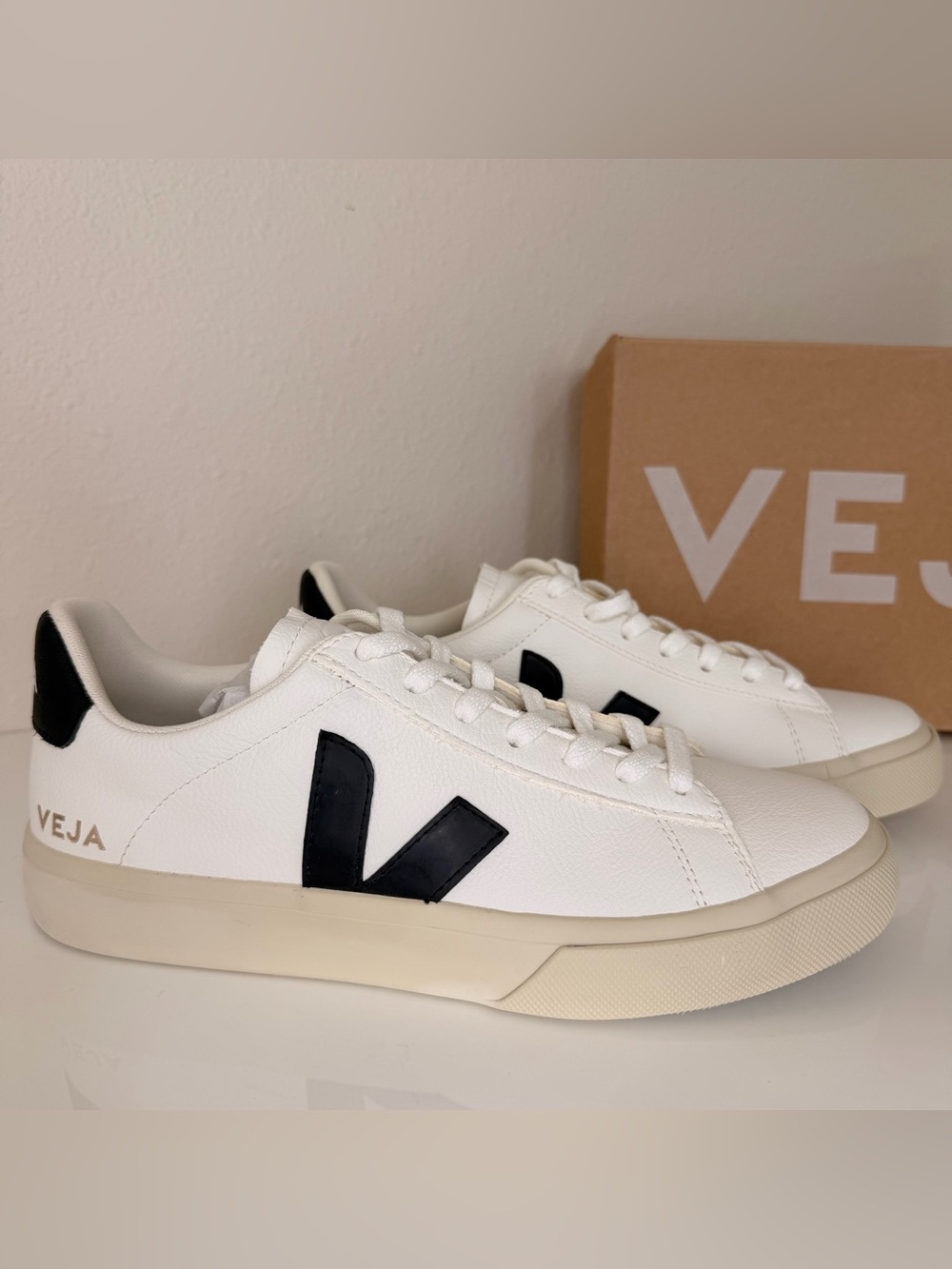 Veja White Leather Low-Tops with Black V Logo